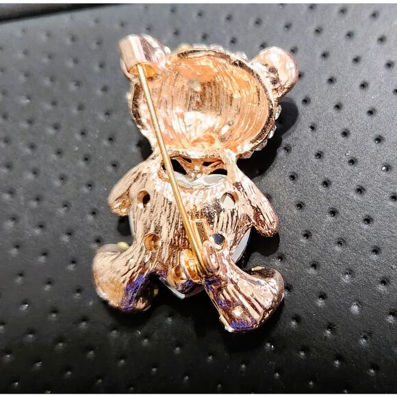 Brooch Rose Gold & Rhinestone Teddy Bear with Red Heart - Picture 2 of 3